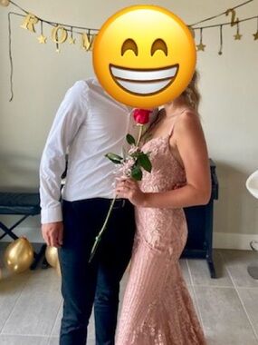 Mon Cheri Blush Pink Lace Sequin Prom Gown